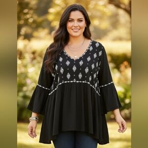 Super soft black embroidered boho babydoll tunic 3X